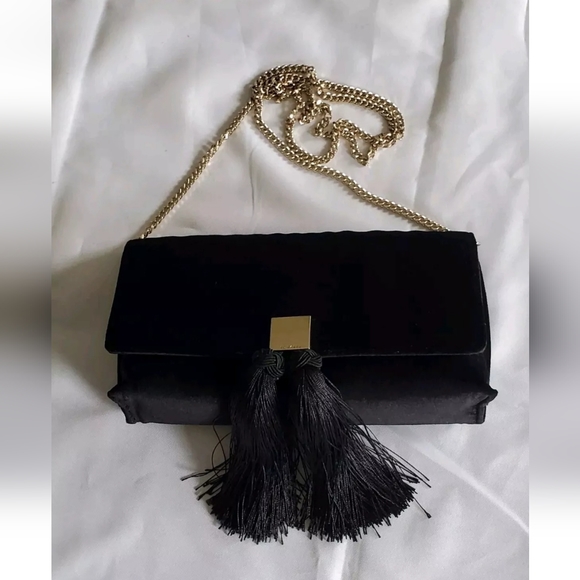 Ted Baker Handbags - Ted Baker Karly Black Velvet Brocade Tassel Clutch Purse Shoulder Bag NWOT